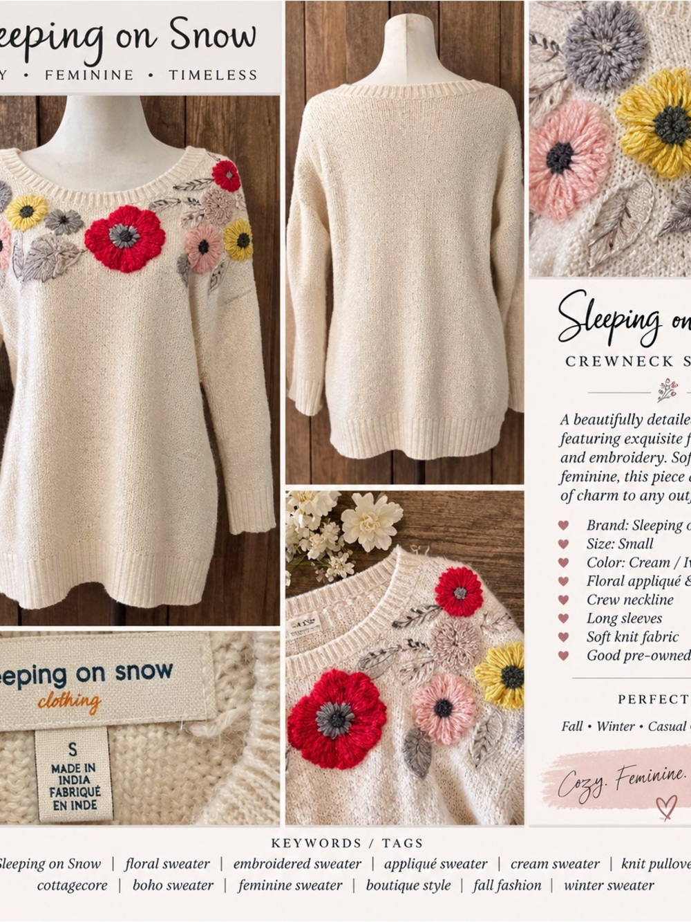 Sleeping on Snow Cream Floral Appliqué Knit Sweater Small